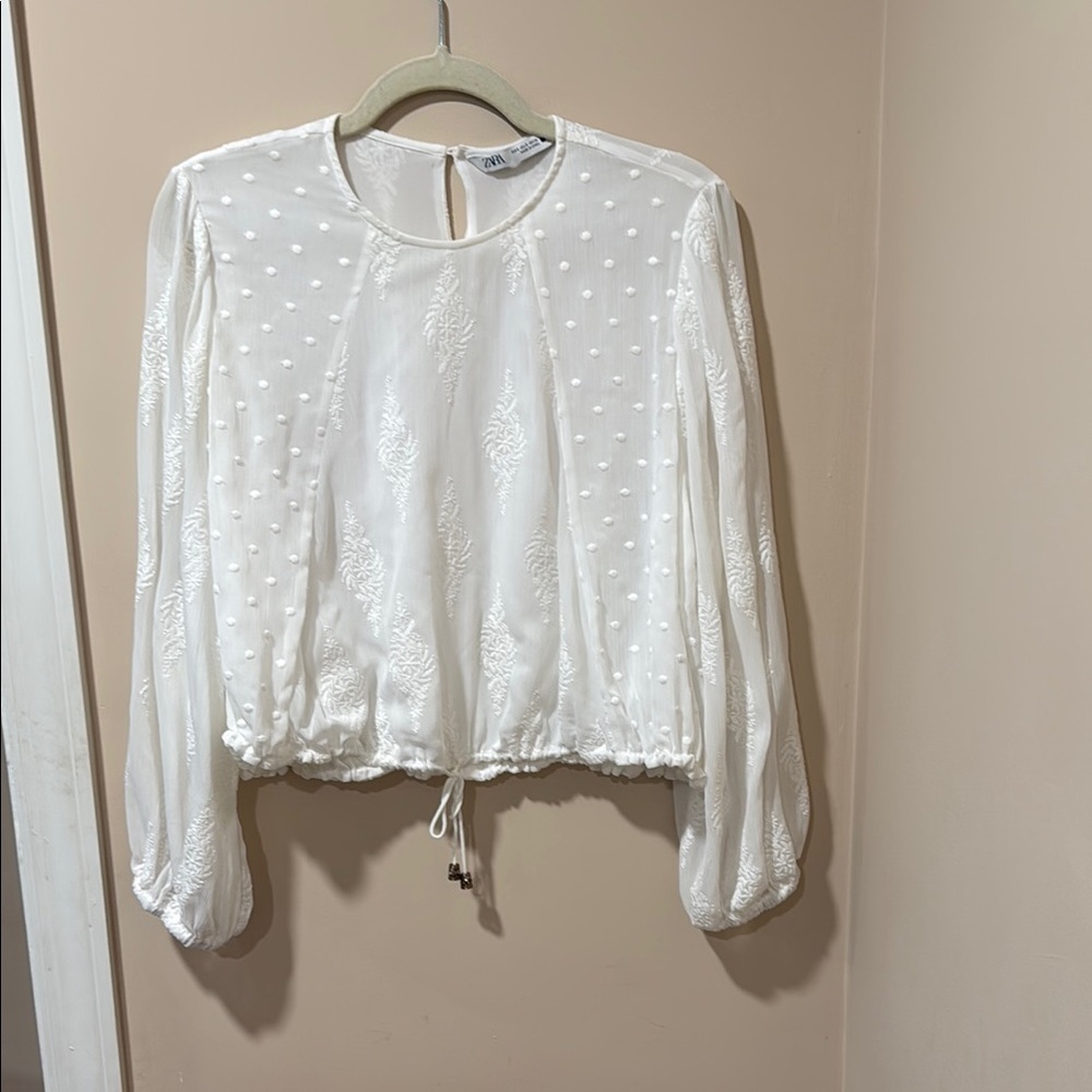 Zara White Long Sleeve Crop Blouse with Tie Front